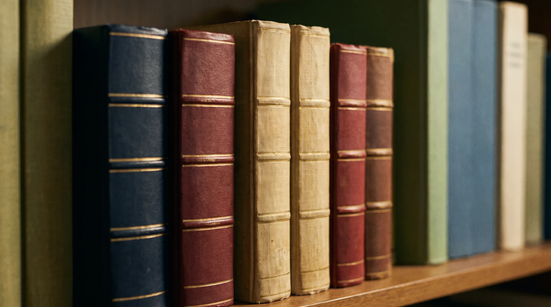 A shelf of bound reference volumes in navy, oxblood, and parchment bindings