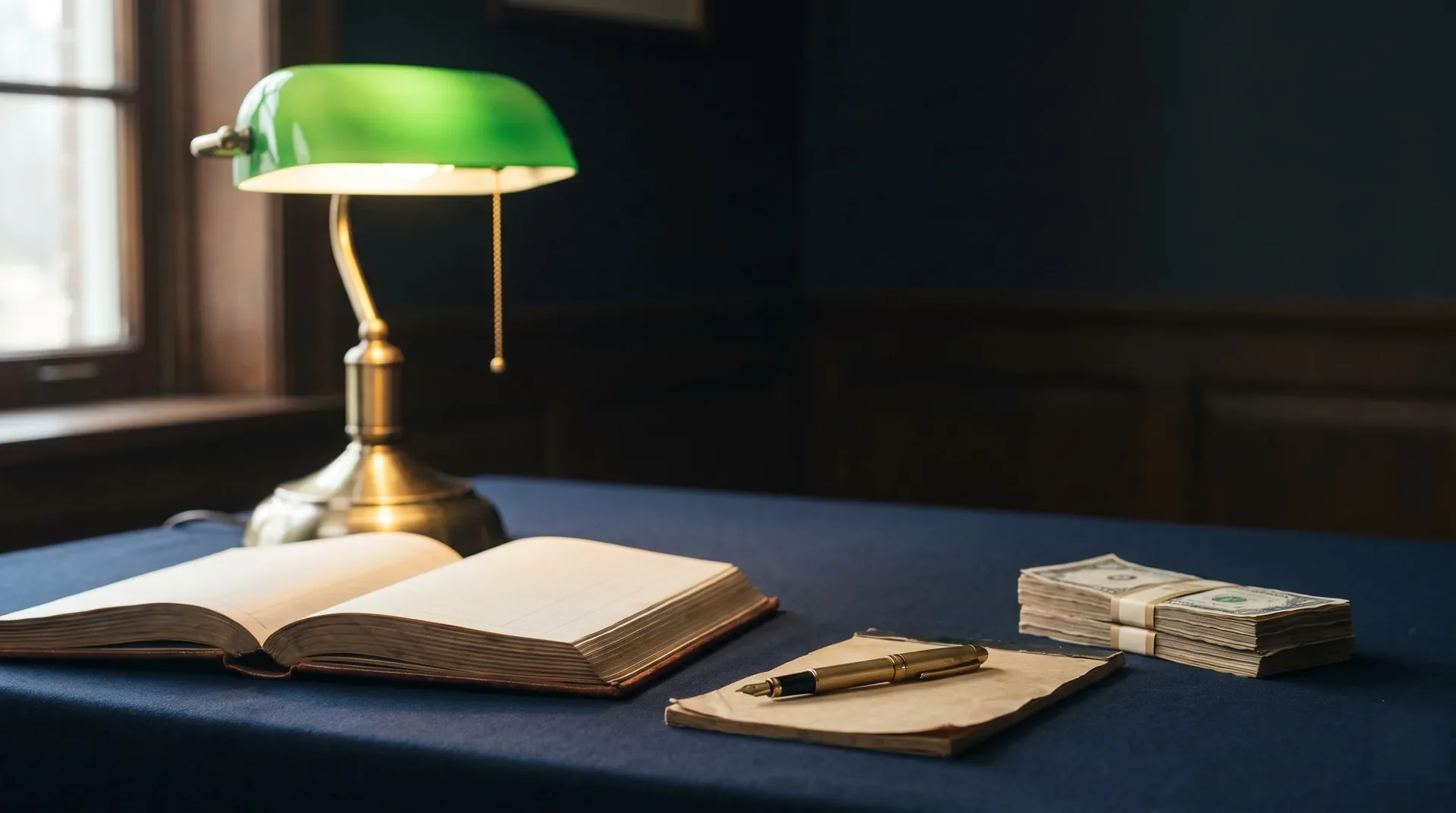 A brass banker's lamp beside an open ledger and banded currency, illustrating how a firm owner pays themselves