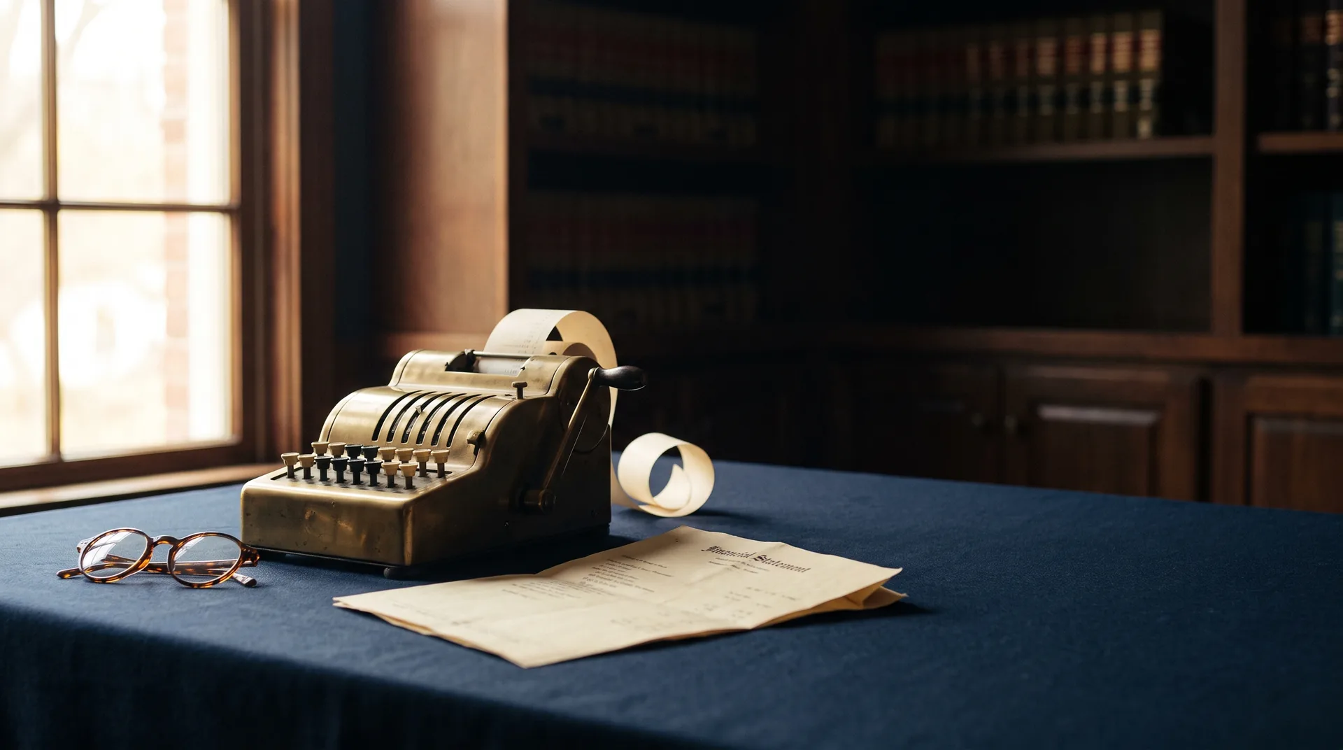 A brass adding machine and financial statement representing the levers that move law firm profit