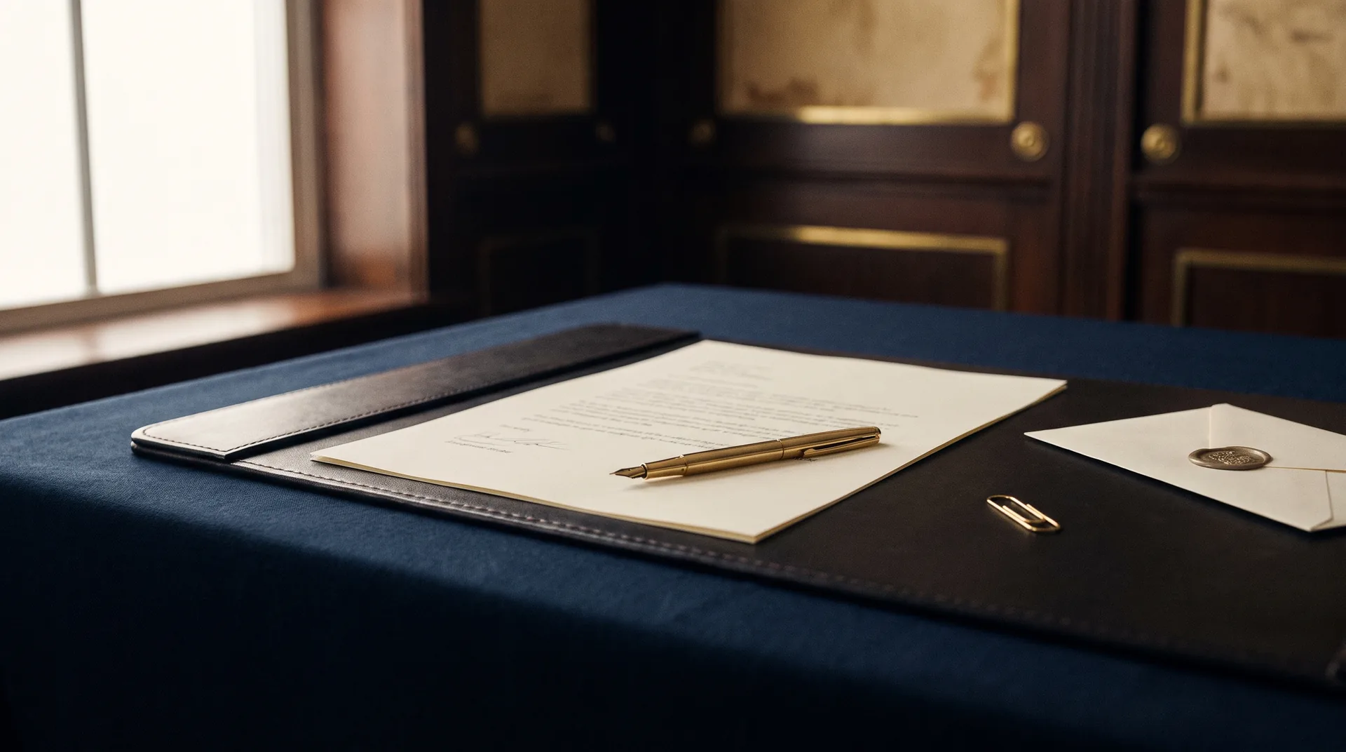 An engagement letter with a fountain pen and sealed envelope, representing a signed attorney fee agreement