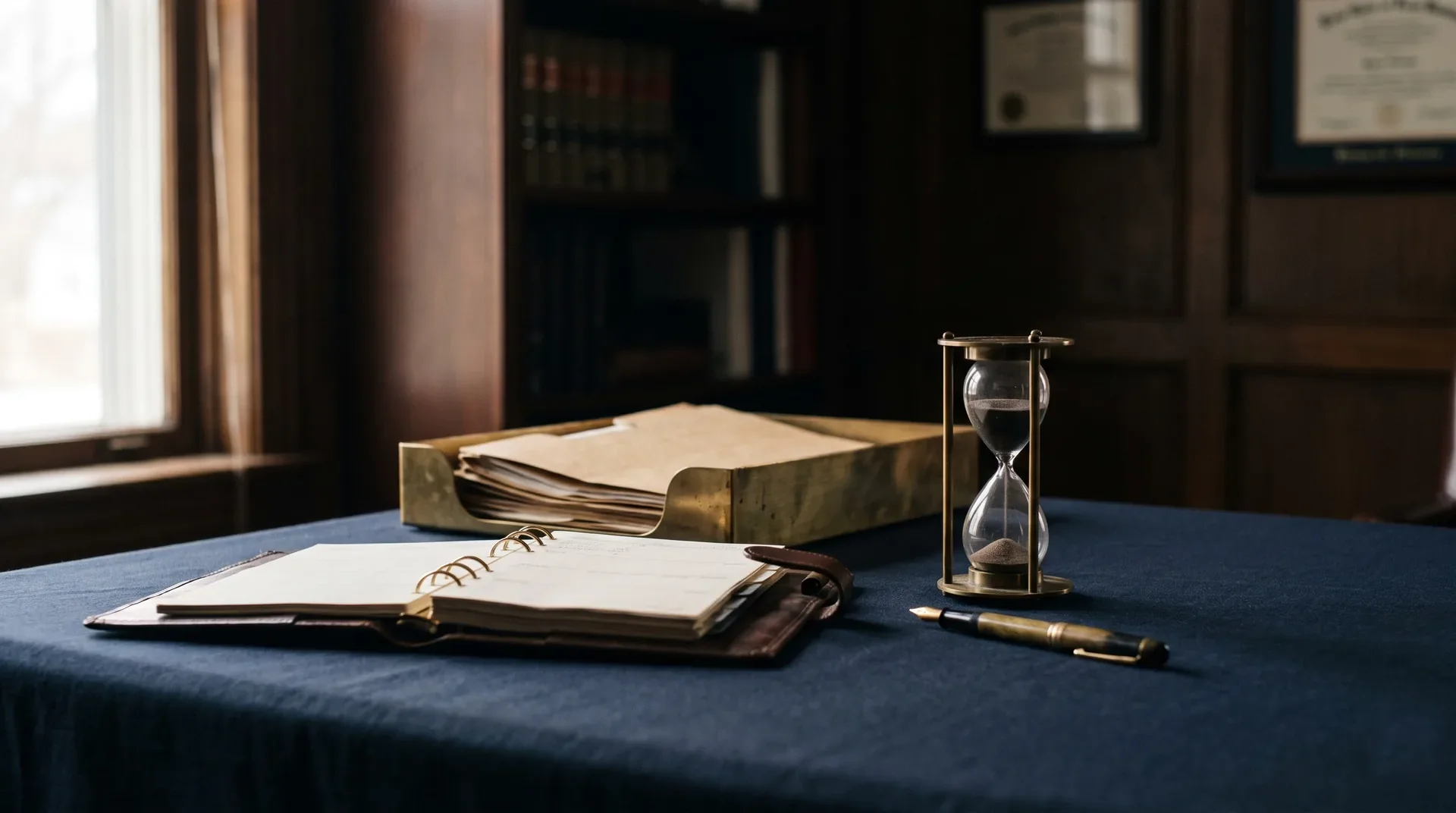 A task planner, file tray and hourglass representing delegating law firm work by dollar value