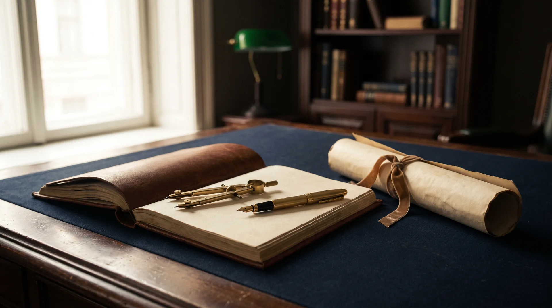 An open journal with a drafting compass, representing deciding what a new law firm will be