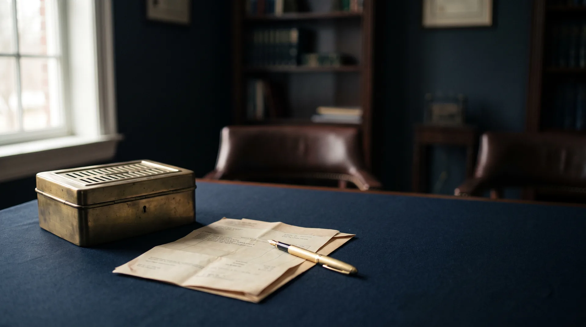 A brass cash box and bank statement representing an IOLTA client trust account