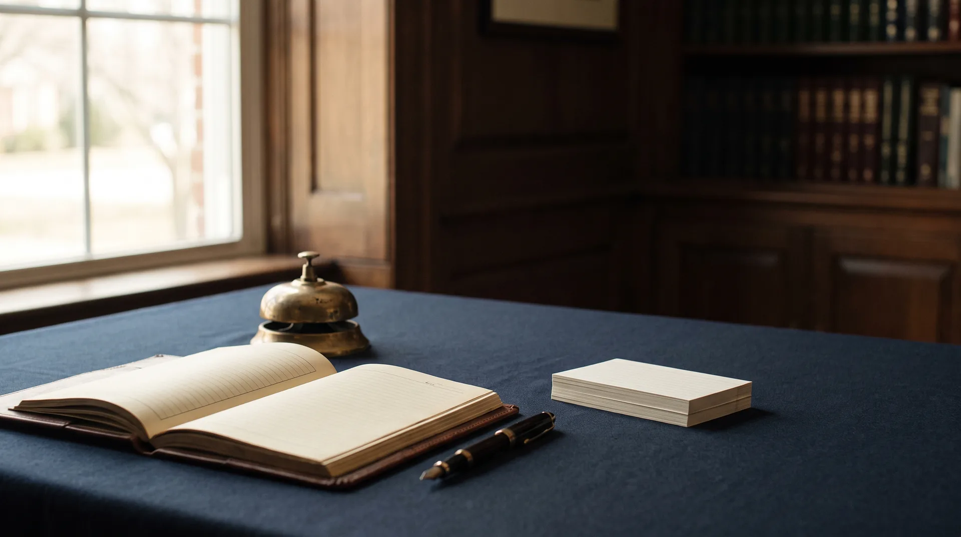 A service bell and open appointment book representing a law firm intake process