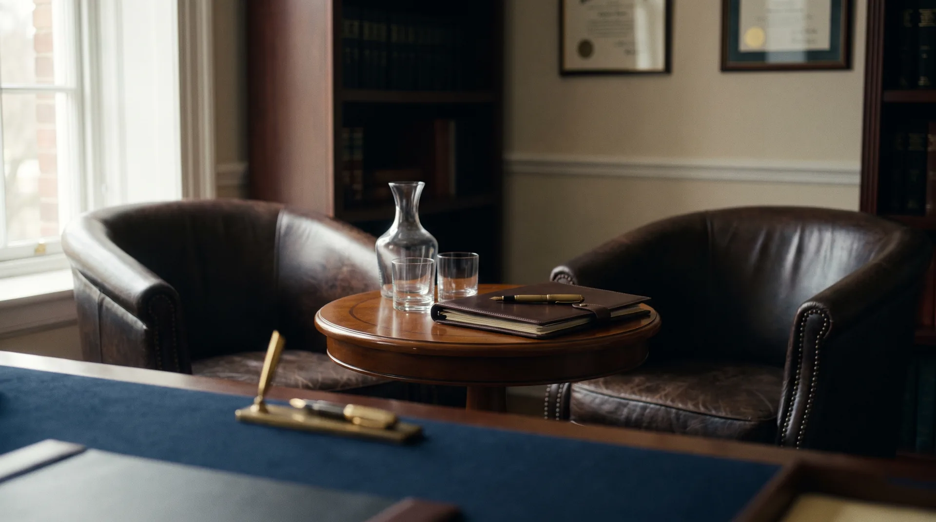 Two chairs at a table set for a meeting, representing the client consultation and close