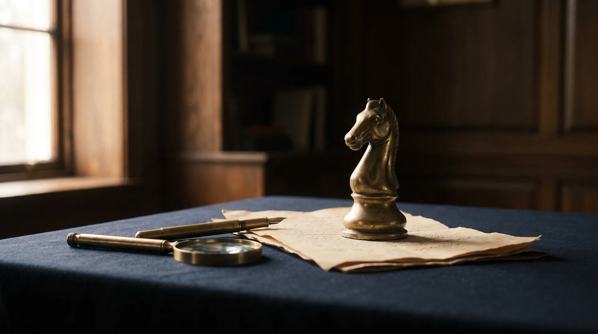 A brass chess knight on a strategy document, representing law firm marketing positioning