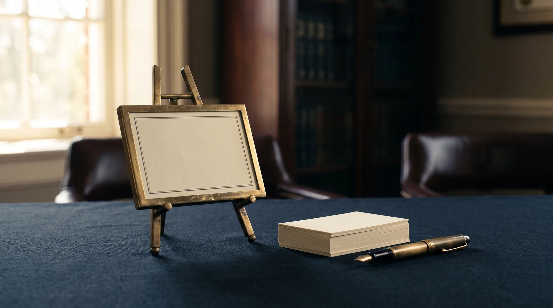 A small easel with a blank card and business cards, representing a law firm website's single job