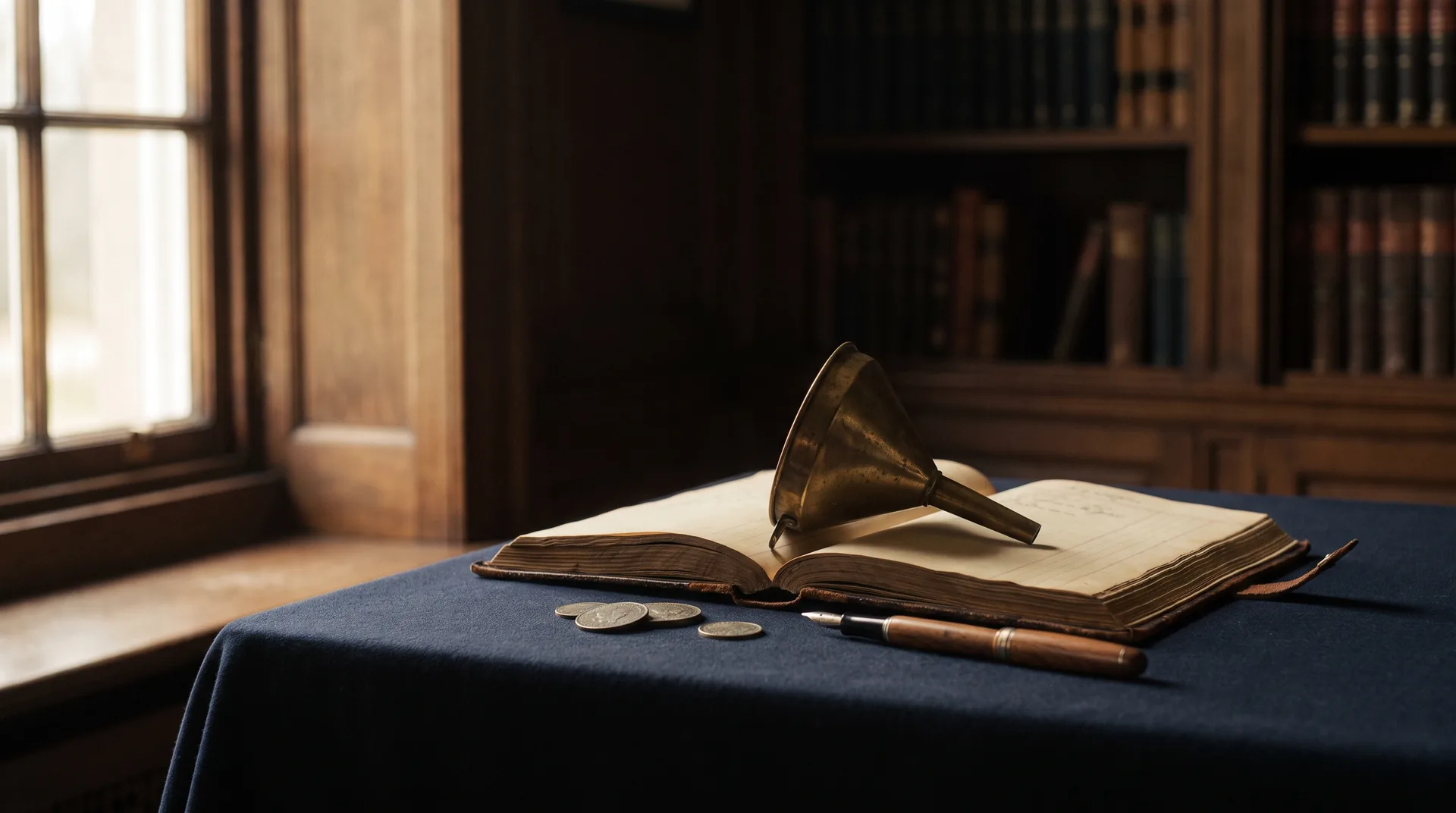 A brass funnel over a ledger with coins, representing law firm cash flow