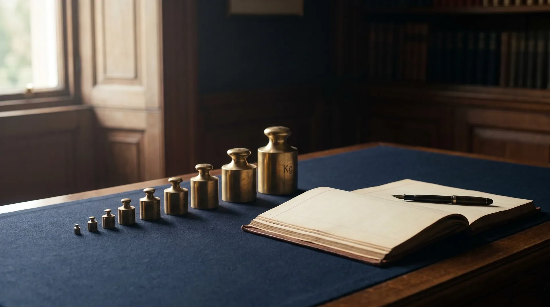 A graduated row of brass weights beside a ledger, representing the levers that move law firm profit