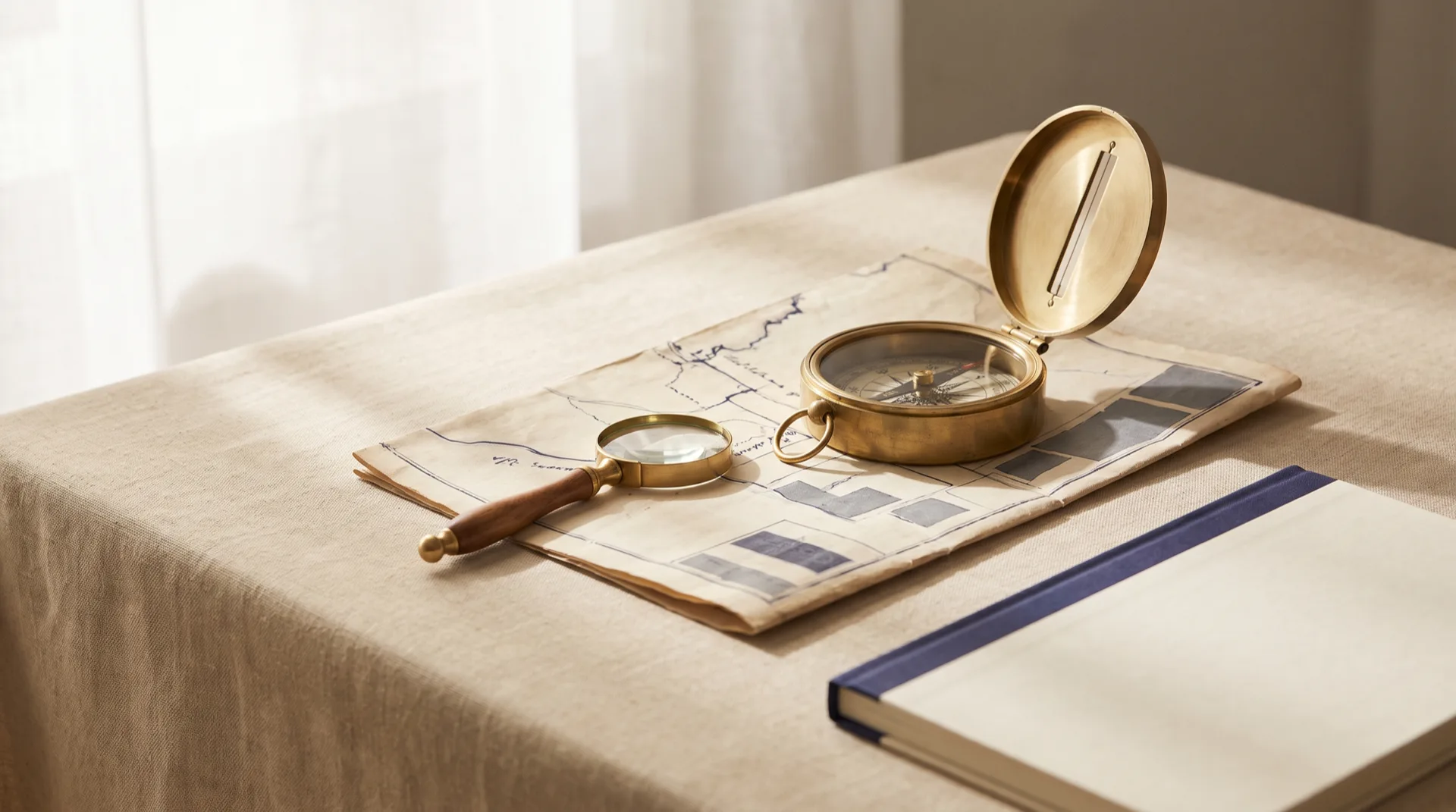 A brass surveyor's compass and magnifying glass resting on a folded county map, representing local market research for a law practice