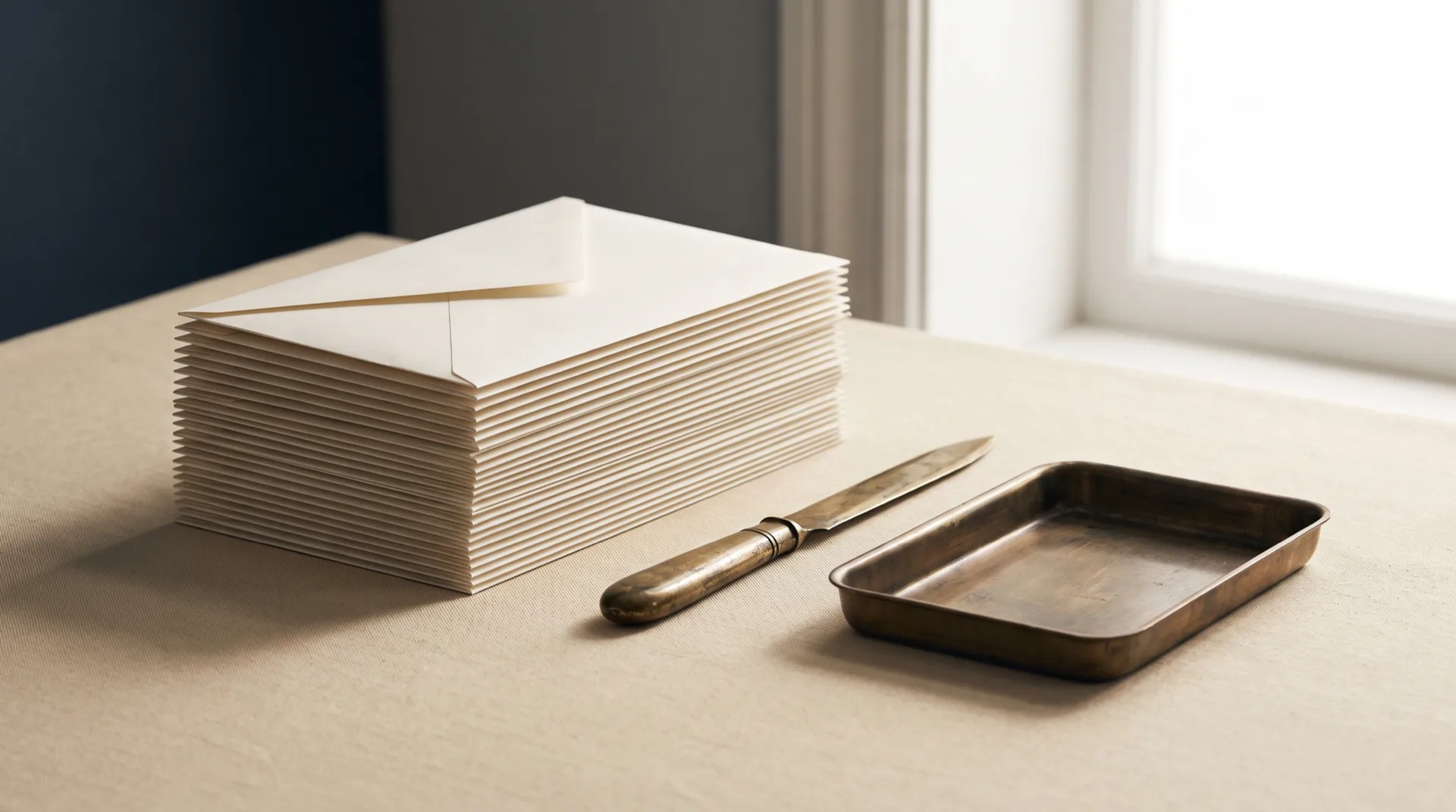 A tall stack of unopened cream envelopes beside a brass letter opener and an empty brass tray on a parchment desk, representing legal need that never reaches a lawyer