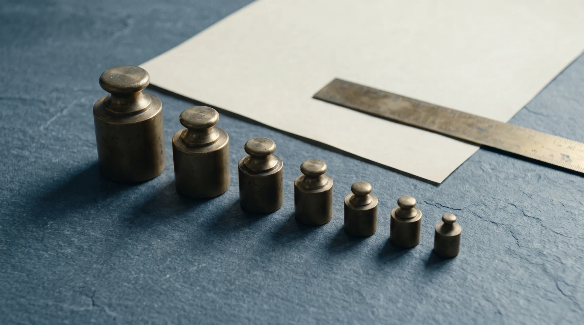 A graduated row of antique brass calibration weights on a slate surface, illustrating the range of lawyer salary benchmarks
