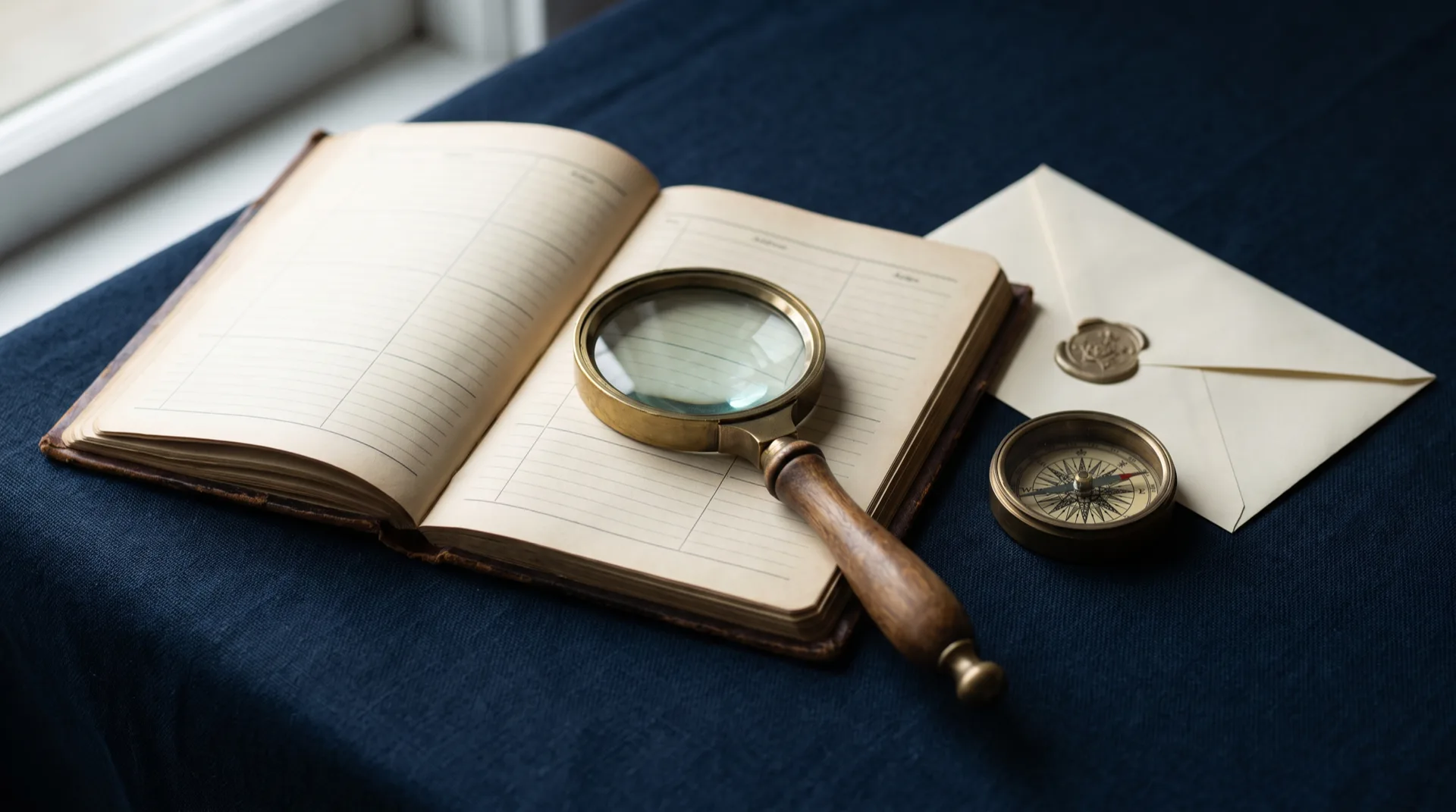 A brass magnifying glass resting on an open leather address directory, representing how clients search for and verify a lawyer