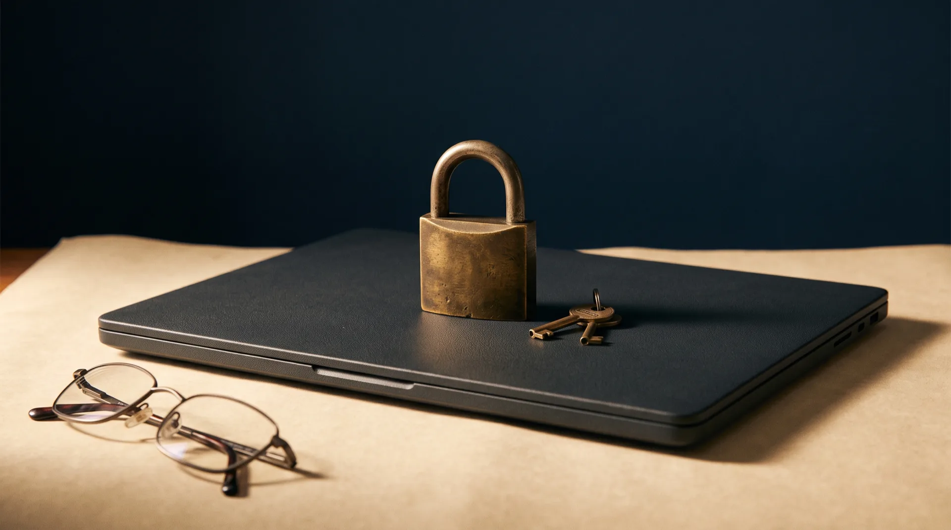 A closed brass padlock resting on a laptop beside two brass keys and folded reading glasses on a parchment desk, representing basic security controls at a small law firm
