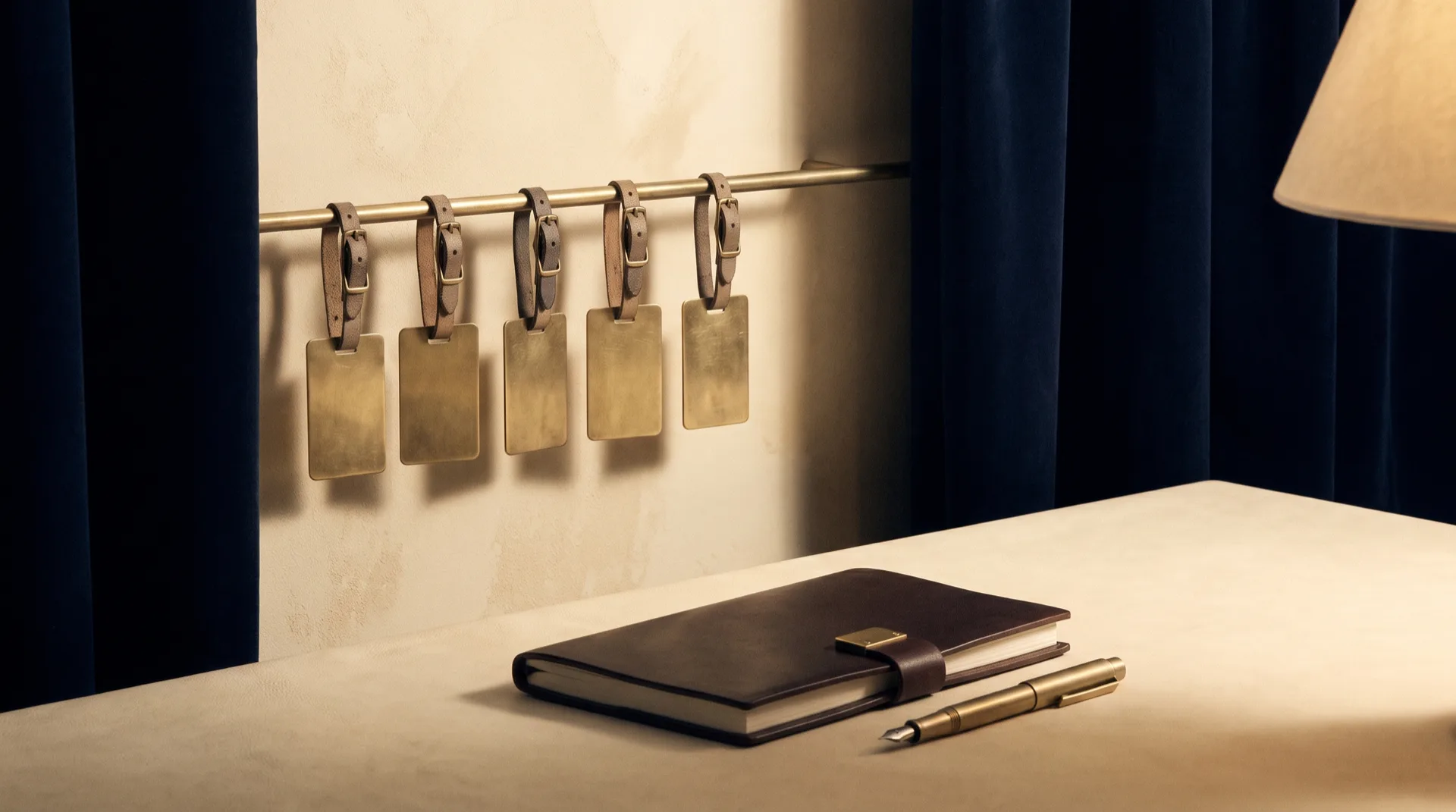A row of five blank brass luggage tags hanging from a slim brass rail above a leather notebook and brass pen, representing an ordered sequence of technology decisions