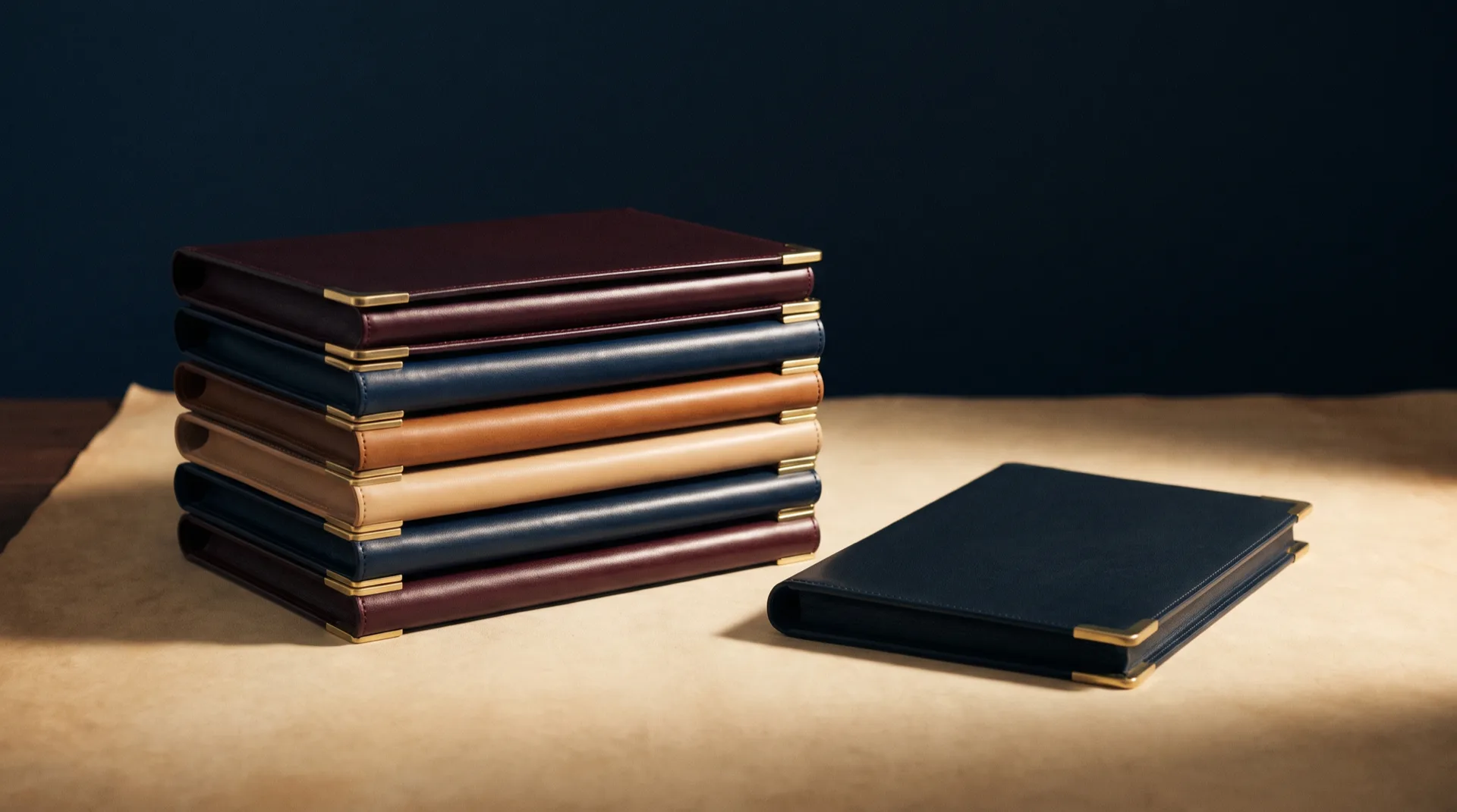 A neat tower of six leather portfolio folios with brass corner caps stacked on a parchment desk, representing the six systems in a small law firm technology stack