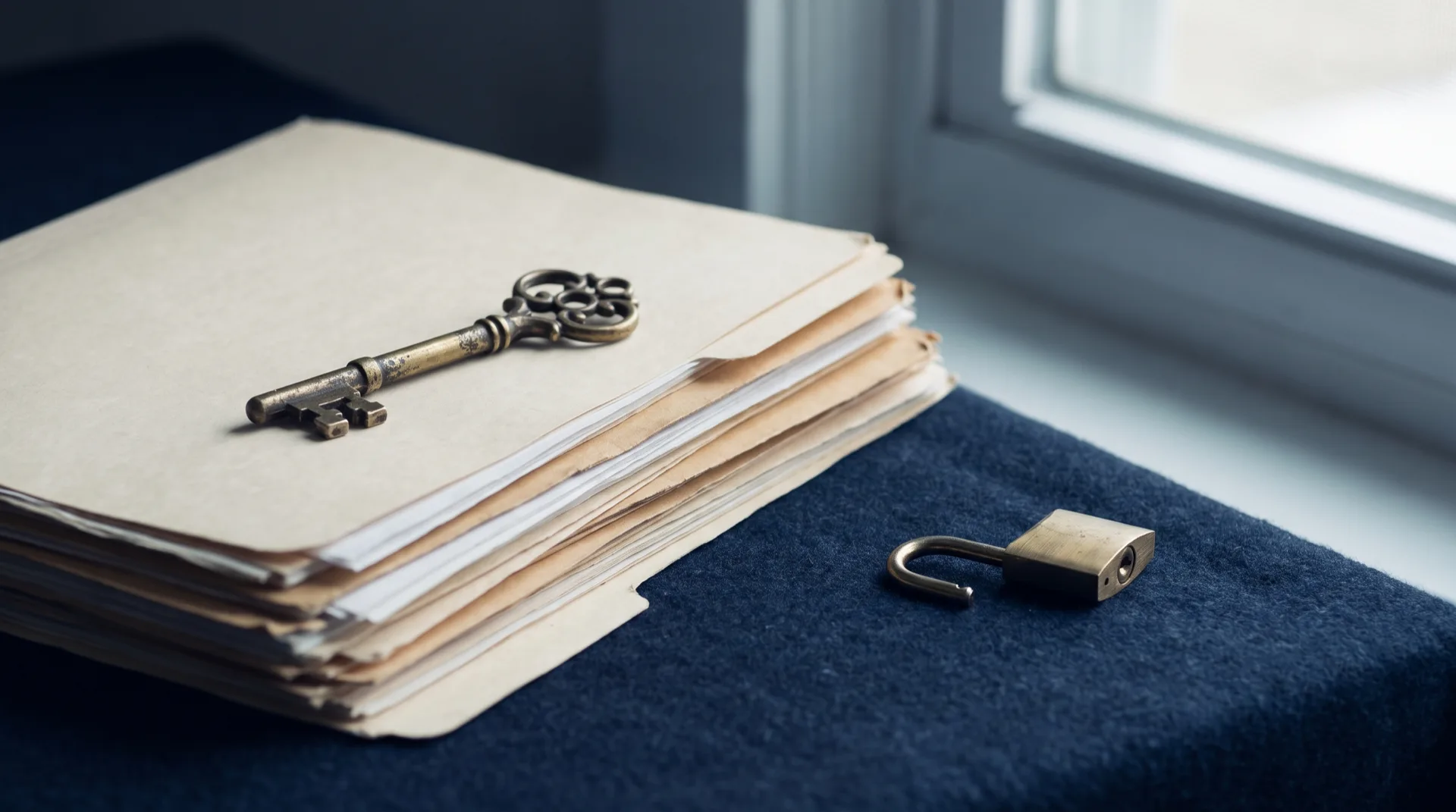 An antique brass key and open padlock resting on a stack of file folders, representing ownership of and access to firm data