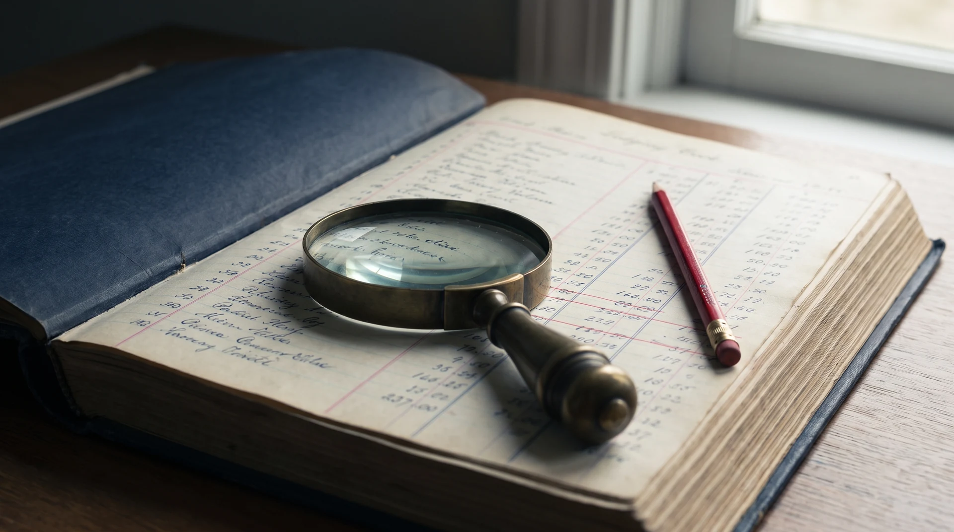 An open ledger showing ruled columns of time entries with a brass-rimmed magnifying glass resting across the page and a red editing pencil alongside