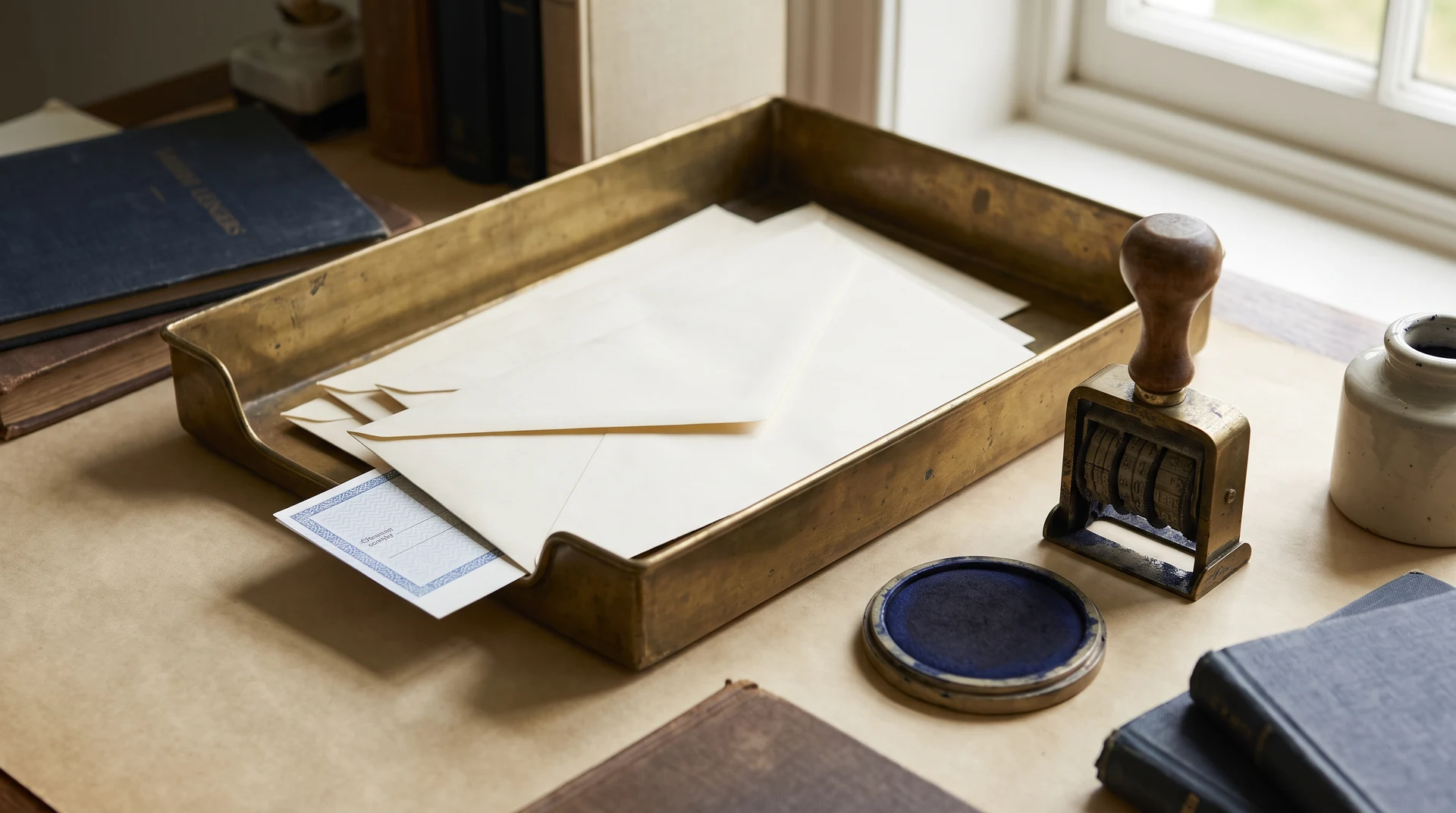 A brass correspondence tray holding sealed cream remittance envelopes beside a brass date stamp and ink pad on a parchment desk