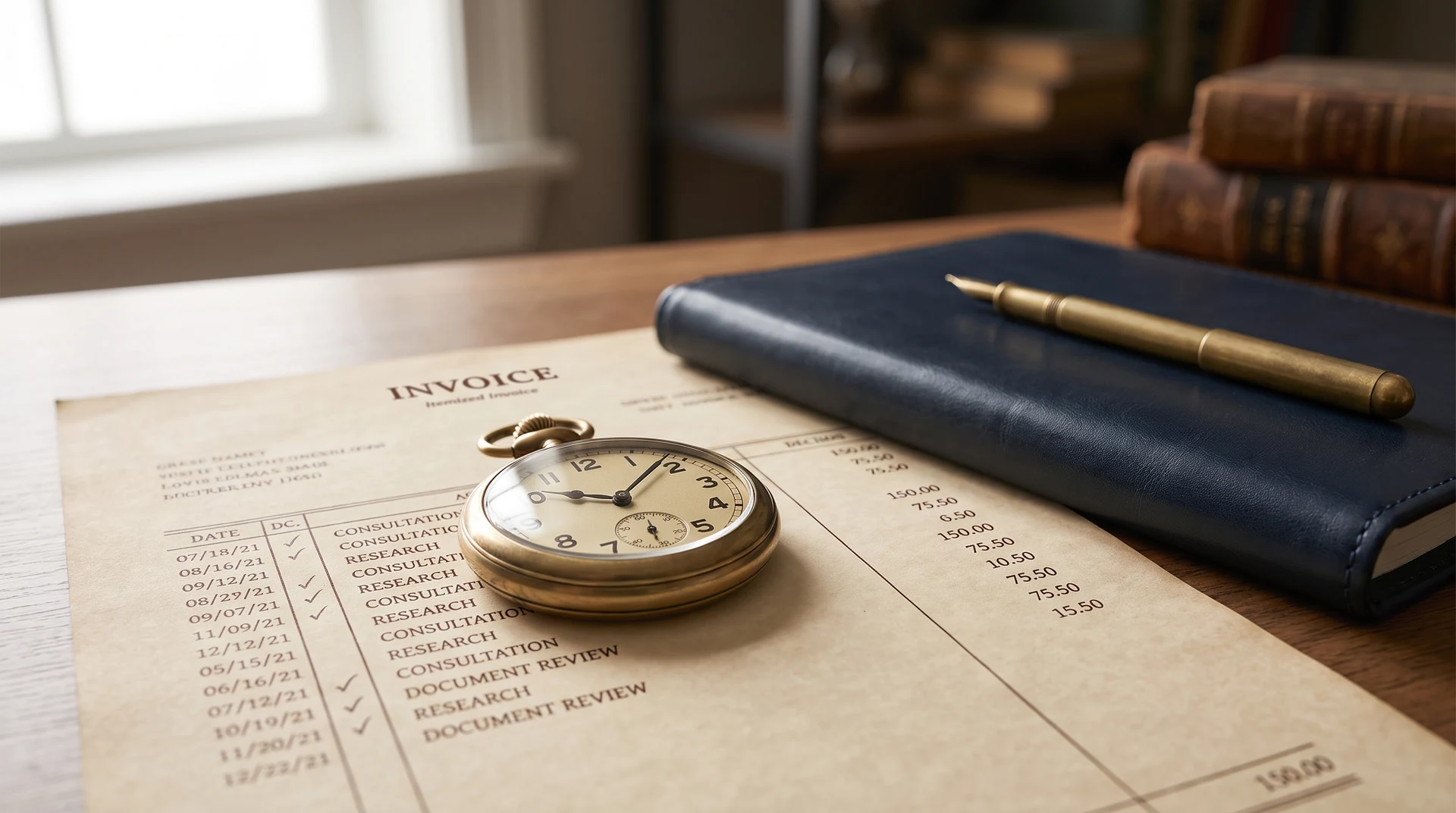 A brass pocket watch resting on an itemized invoice page beside a navy leather folio and a slim brass pen on a wooden desk