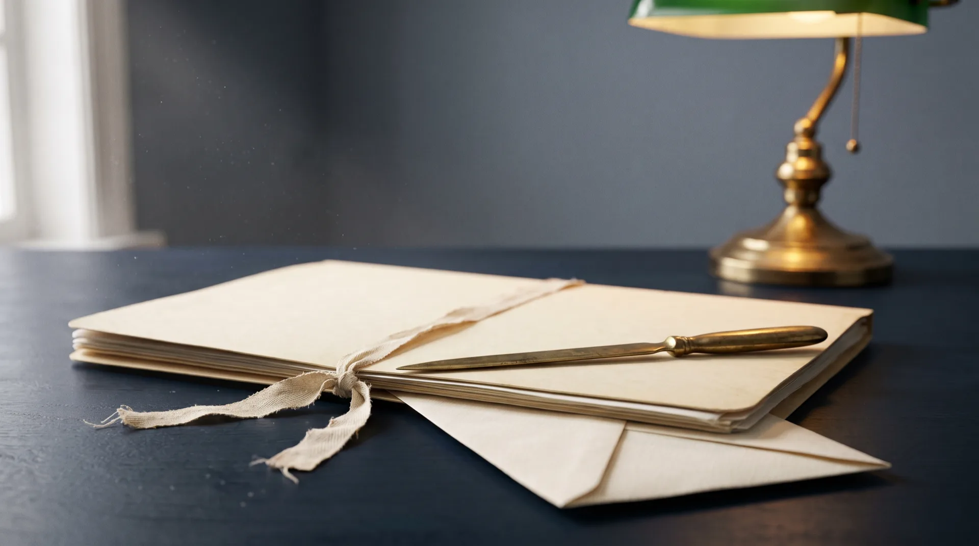 A closed client file tied with a ribbon, a brass letter opener and an opened bank envelope, representing the final accounting at the close of a matter