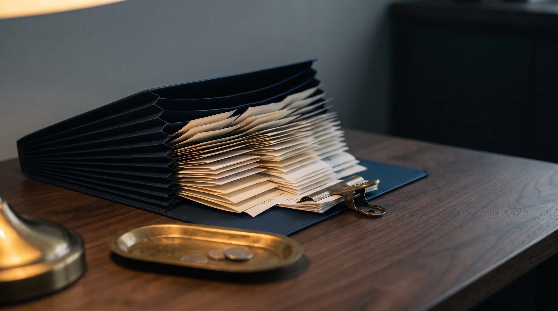 An open navy accordion file folder on a dark walnut desk with a fan of small paper receipts spilling from one pocket beside a brass paperclip and a small brass tray