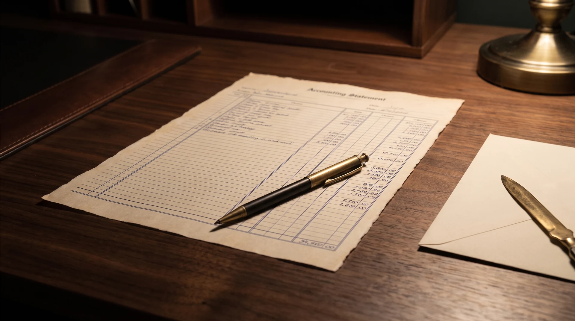An accounting statement page with ruled columns of figures on a dark walnut desk, a slim brass pen resting across it and a sealed envelope beside a brass letter opener