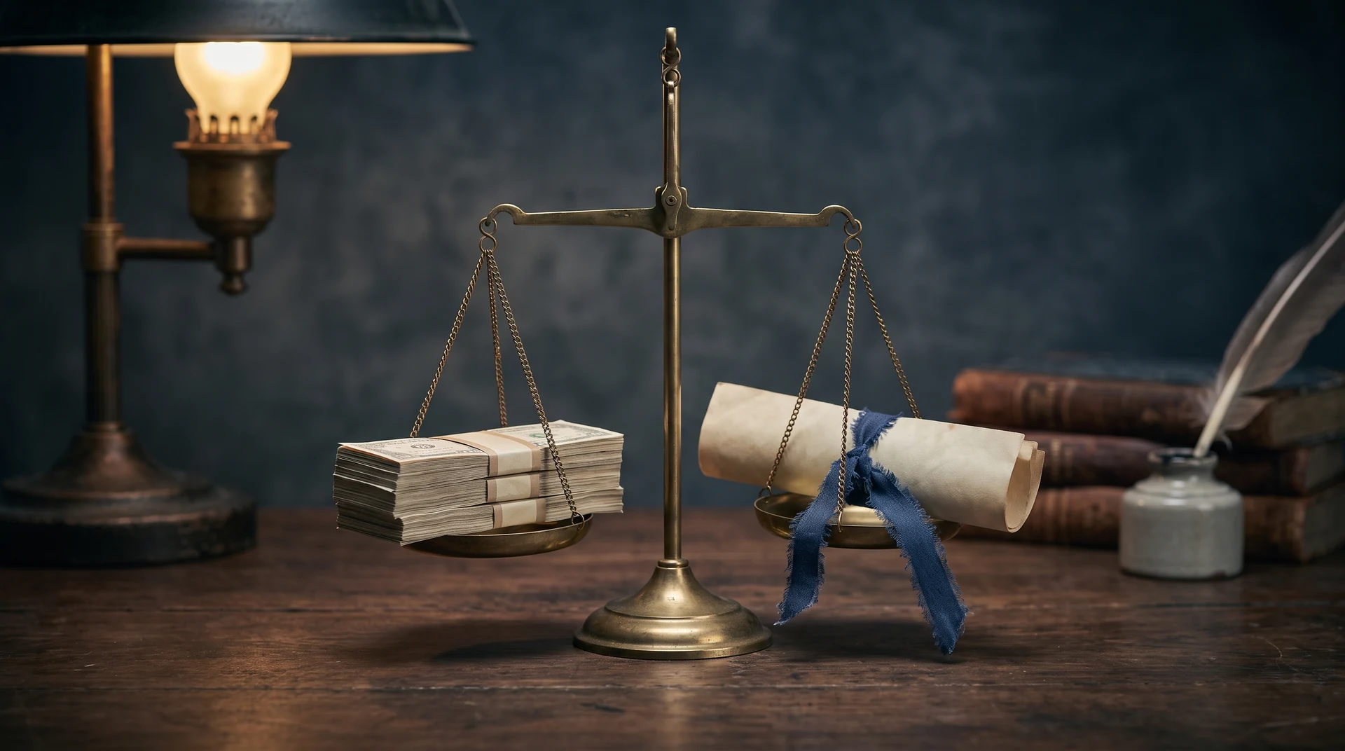 An antique brass equal arm balance scale on a dark walnut desk weighing a banded stack of currency against a folded court filing tied with navy ribbon