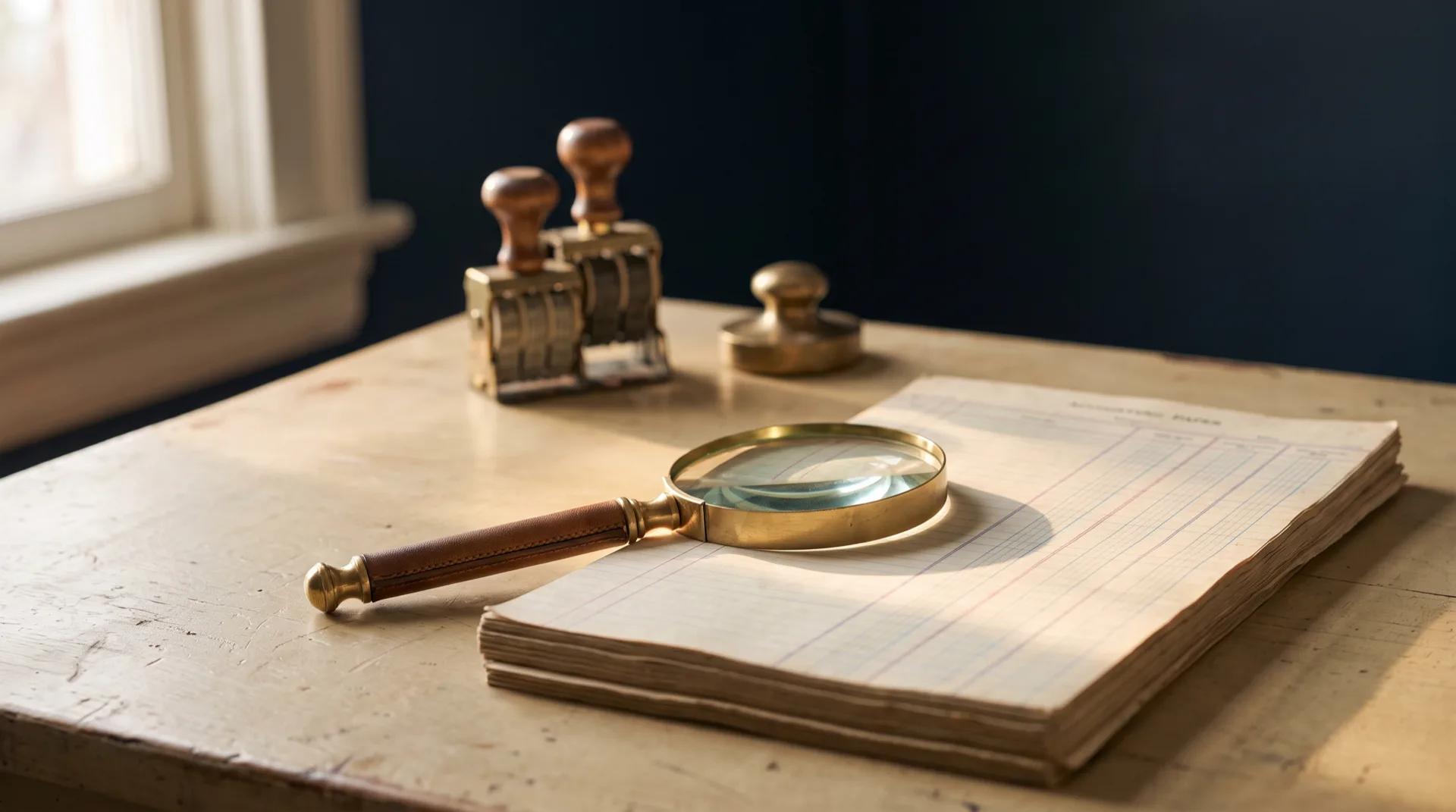 A brass magnifying glass resting on a stack of ruled columnar accounting paper beside brass date stamps