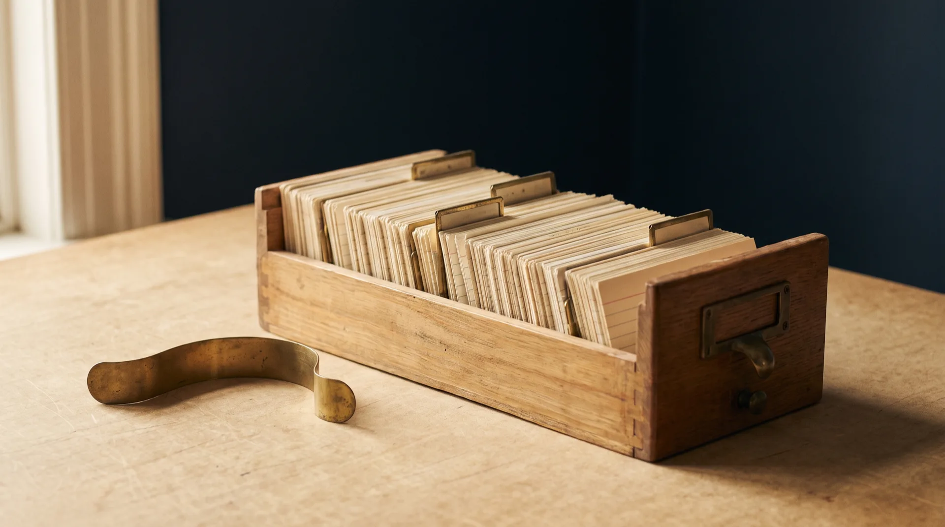 An open card index drawer of ruled ledger cards with brass label holders on a desk