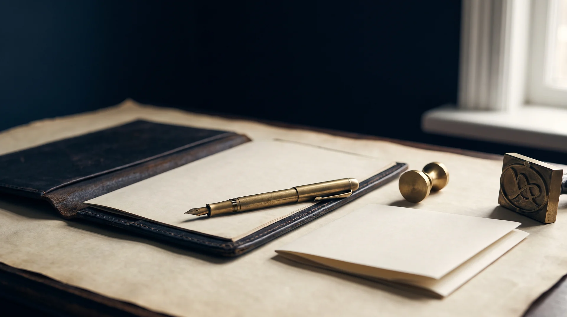 An open leather engagement folder on a parchment desk with a brass fountain pen laid across it, a brass letter seal and a folded sheet of cream paper alongside
