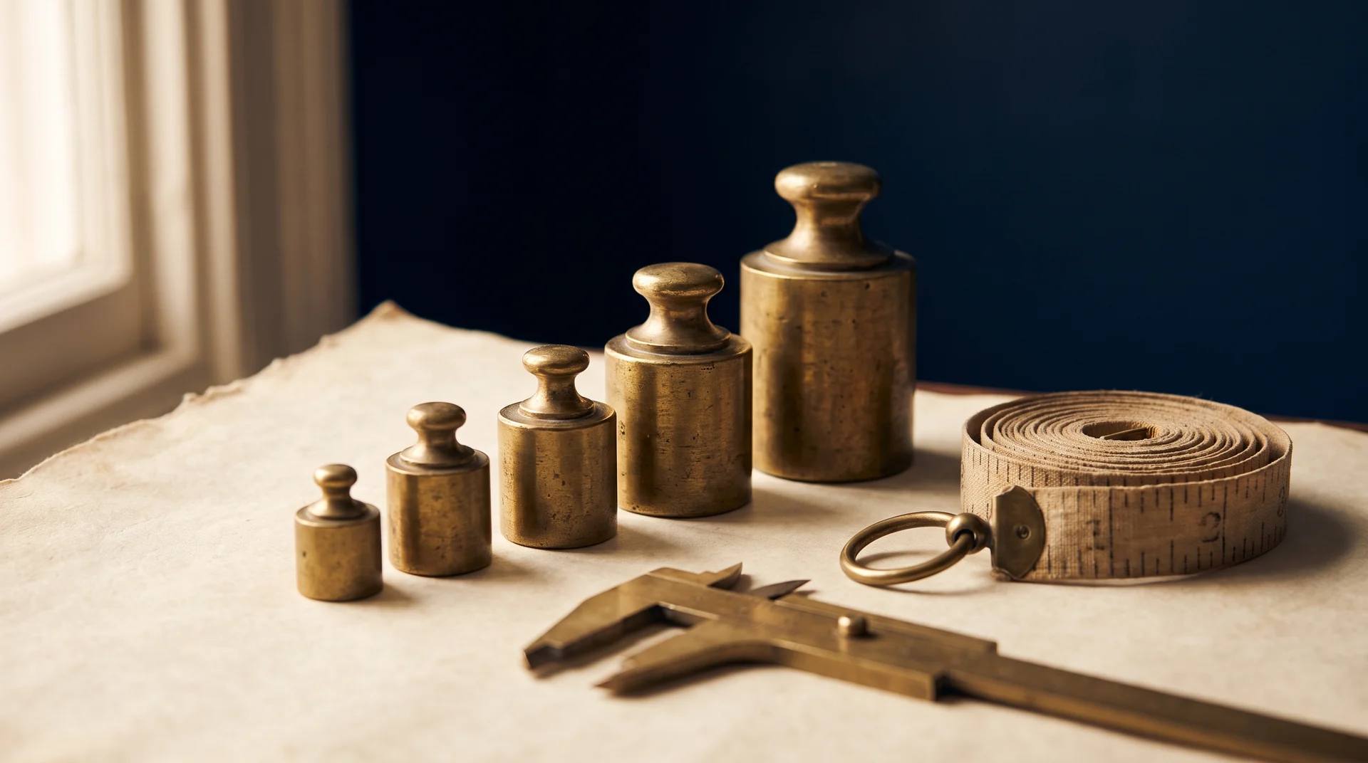 A rising row of graduated brass calibration weights on a parchment surface with a linen tape measure and a brass caliper, representing rate benchmarks at different scales