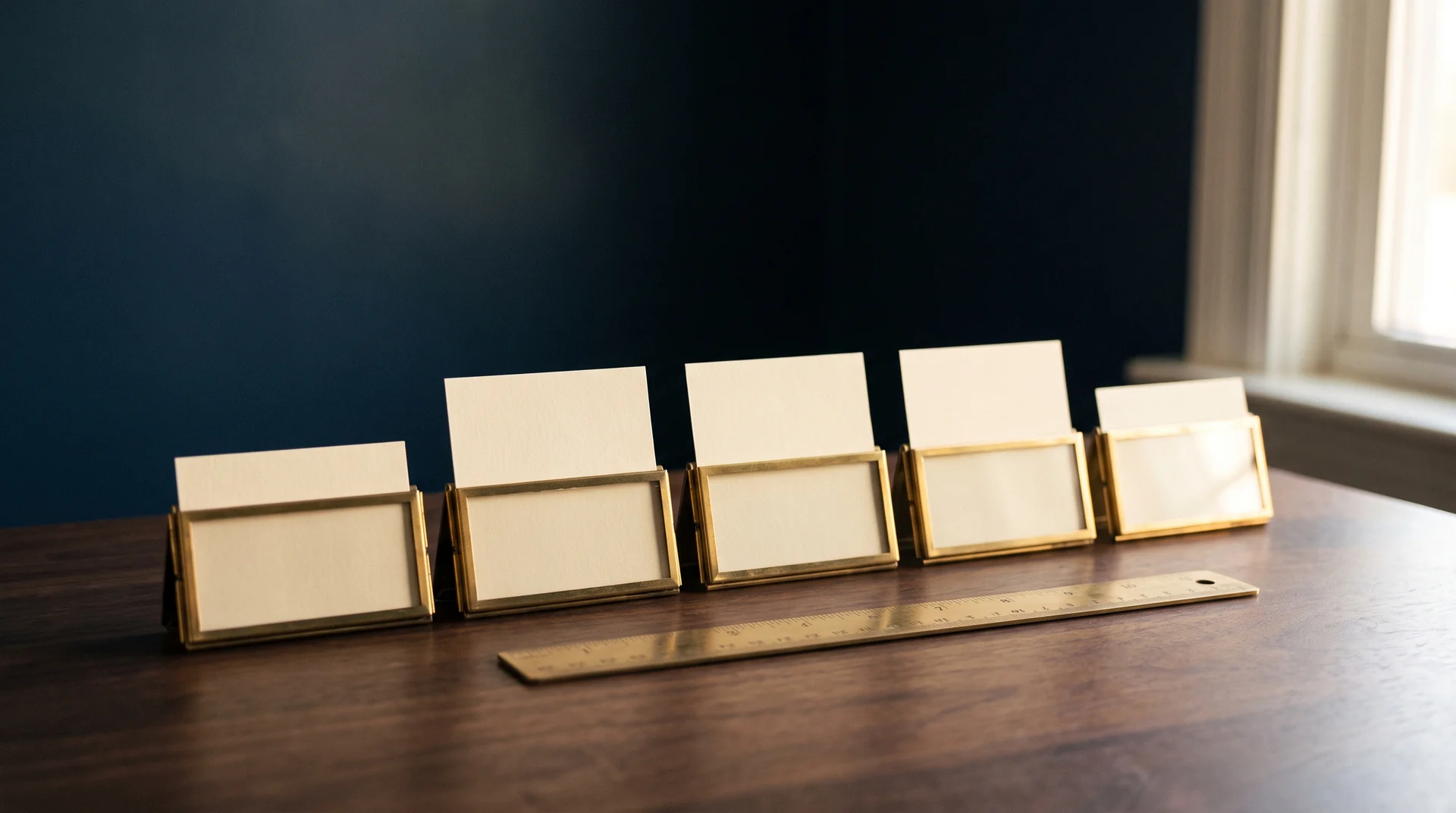 A row of five small brass desk card holders on a walnut desk, each holding a blank cream card at a slightly different height, with a brass ruler lying in front of them