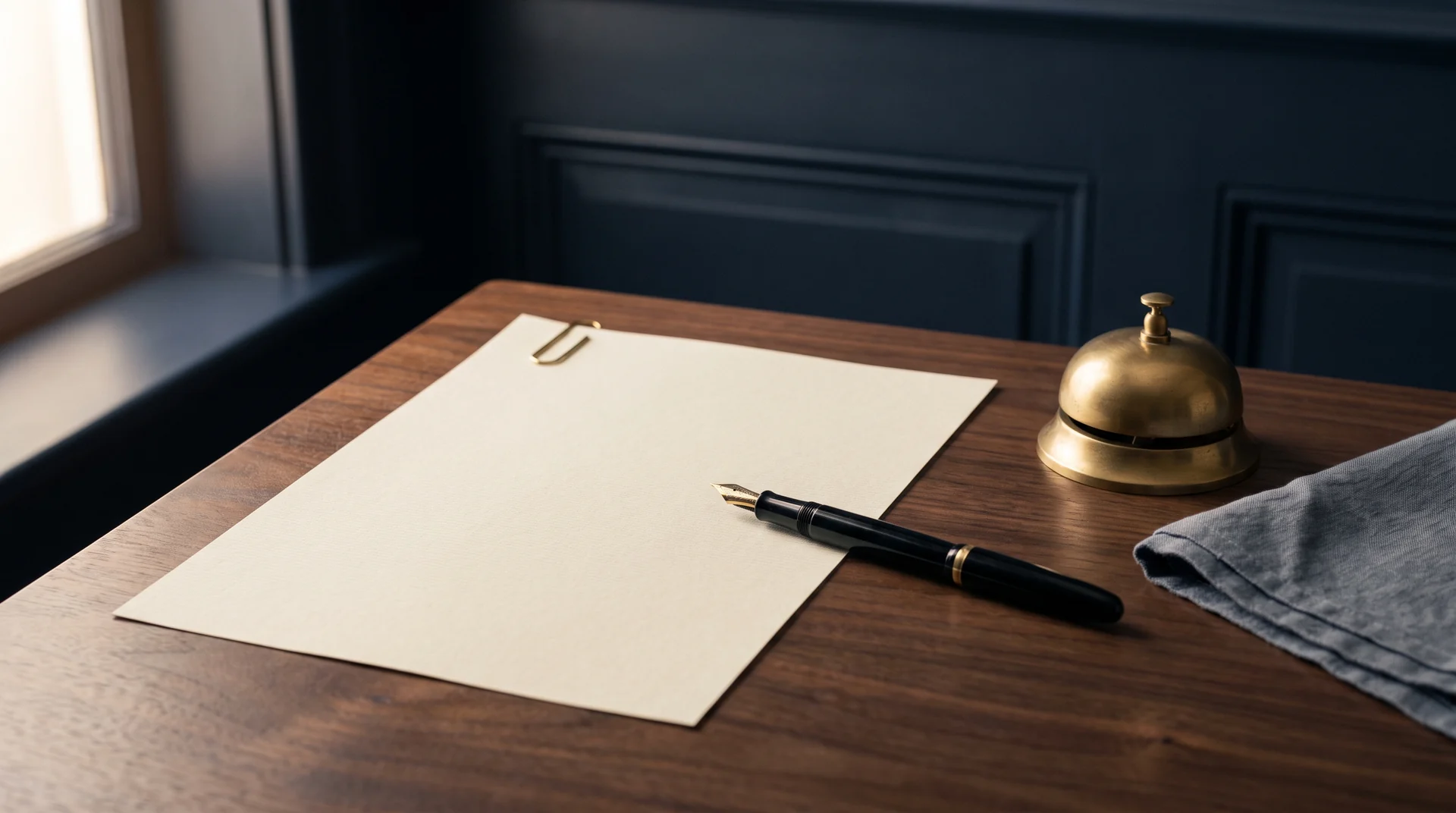 A blank sheet of cream laid paper on a walnut desk with a brass paperclip at one corner and an uncapped black fountain pen resting across it, beside a brass desk bell
