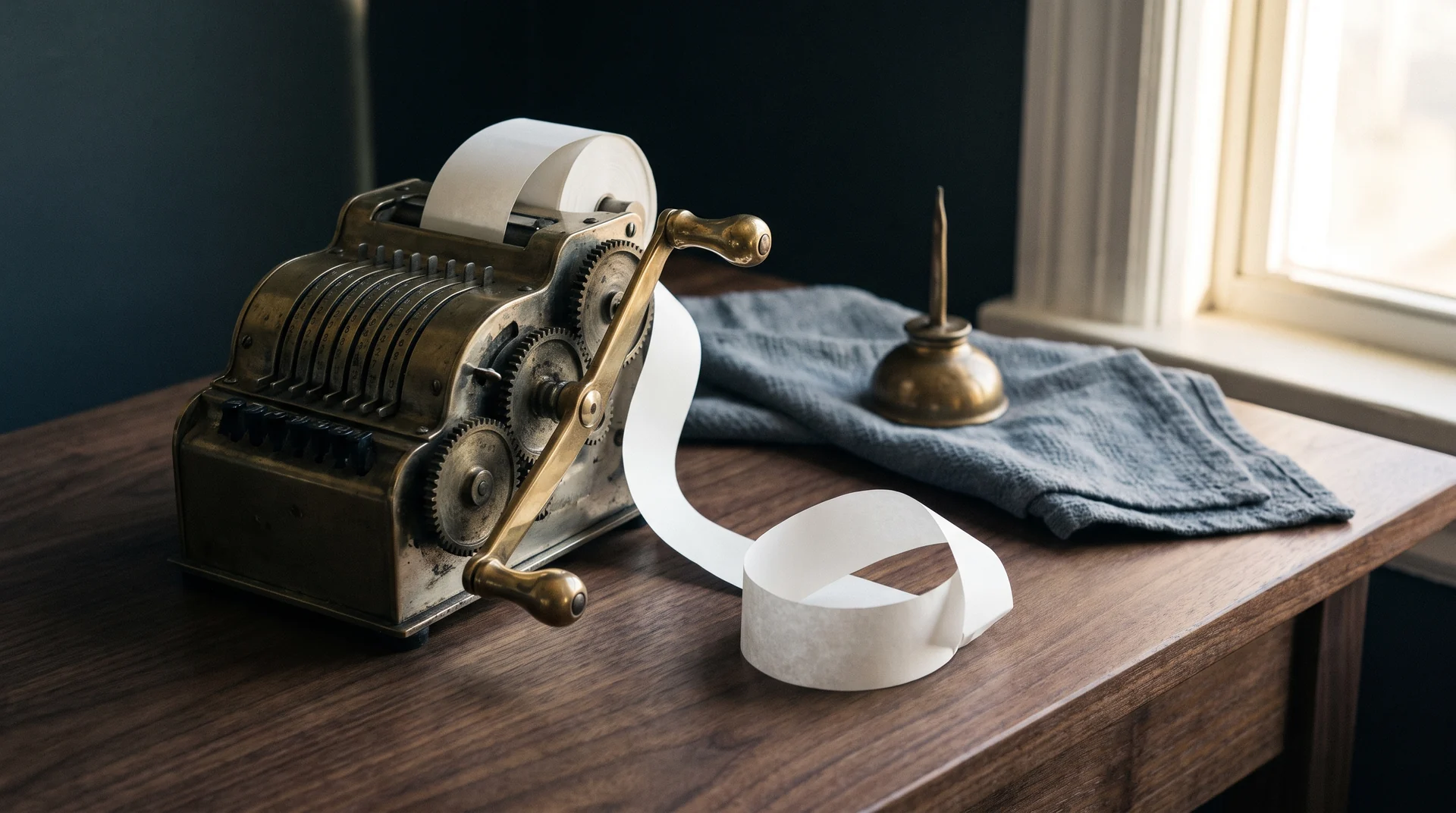 An antique brass mechanical adding machine with a blank paper tape curling across a dark walnut desk, beside a folded slate cloth and a small brass oil can