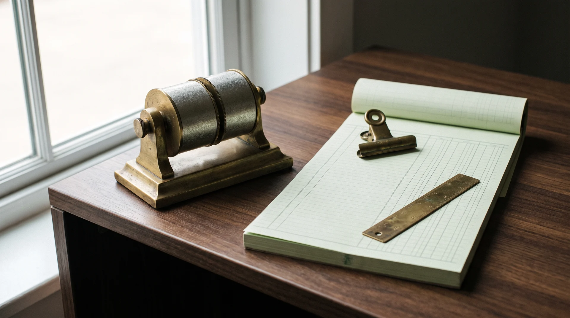 A brass desk calendar stand with blank drums beside a pad of pale green blank columnar accounting paper, a brass bulldog clip and a brass ruler on a walnut desk