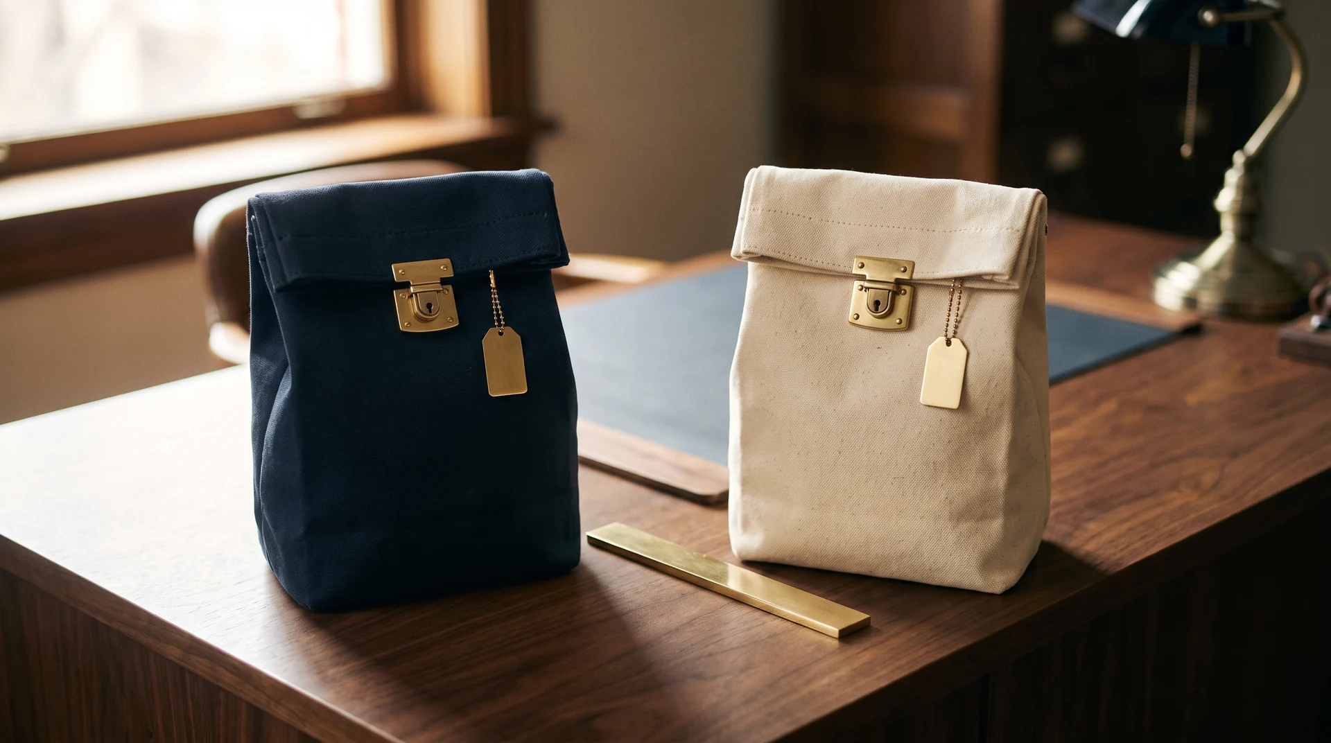 A navy canvas bank deposit bag and a cream canvas bank deposit bag standing side by side on a walnut desk with brass locks, blank brass tags and a brass divider strip between them