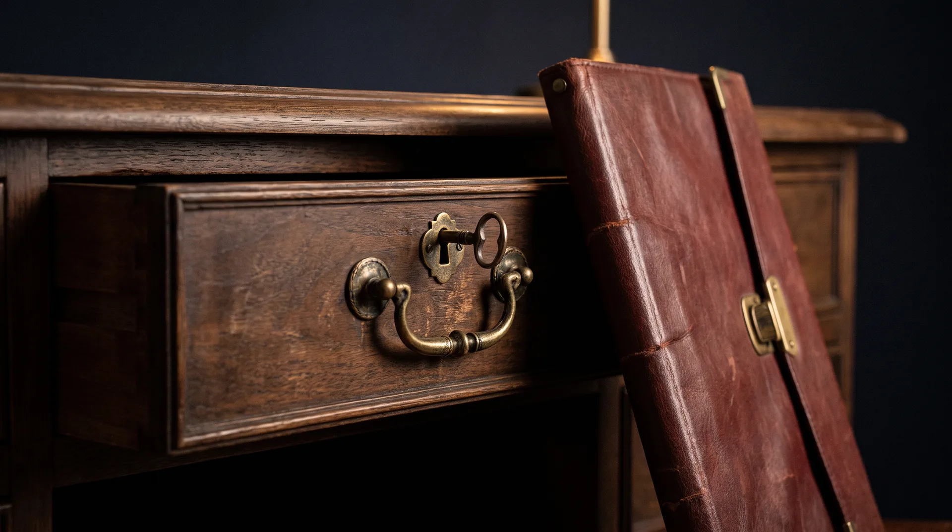 An antique brass key resting in the lock of a dark walnut desk drawer, with a worn oxblood leather document folio leaning against the drawer front