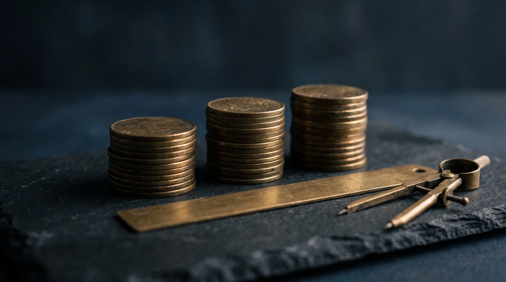 Three unequal stacks of antique brass coins on a dark slate surface beside a brass ruler and a brass divider compass