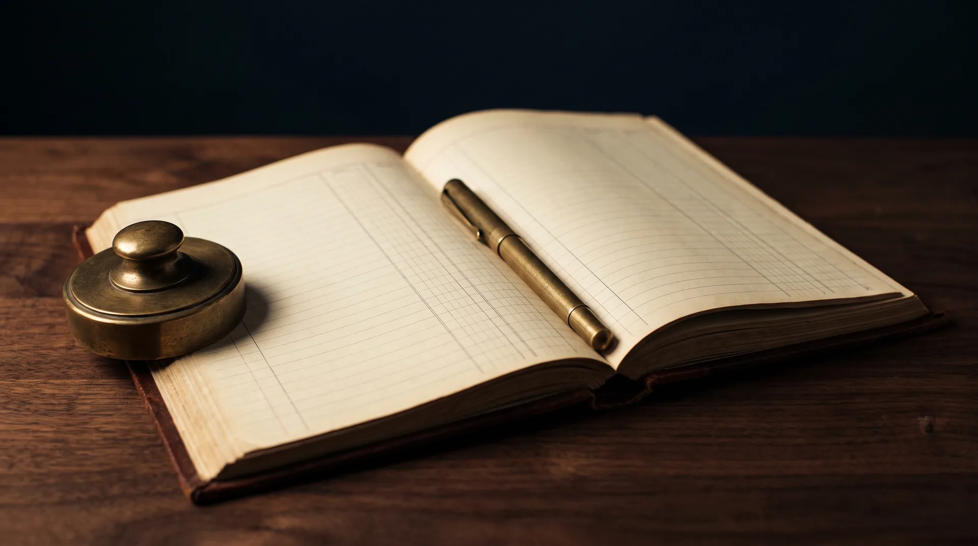 An open leather bound accounting ledger with blank ruled columns on a dark walnut desk, a brass paperweight holding a page flat and a brass fountain pen in the gutter